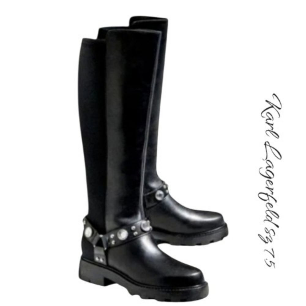 Karl Lagerfeld Milla Rhinestone Embellished Leather Riding Boots Black 7.5